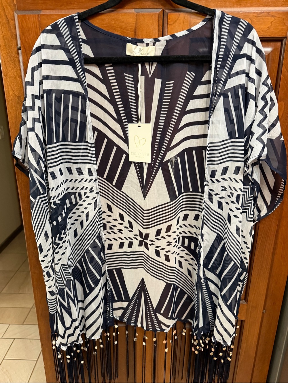 Kimono  Cover-up Navy & White with Fringe and Hanging Seashells- NWT - One Size